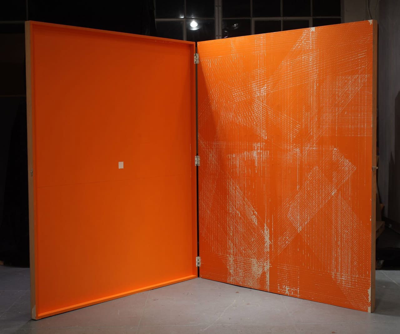 Carlos Villa, Orange-a-Boom, 2010. Scored lines though acrylic on wood, hardware, each panel 72 x 60 in. (182.88 x 152.4 cm.) © Mary Valledor, Estate of Carlos Villa.