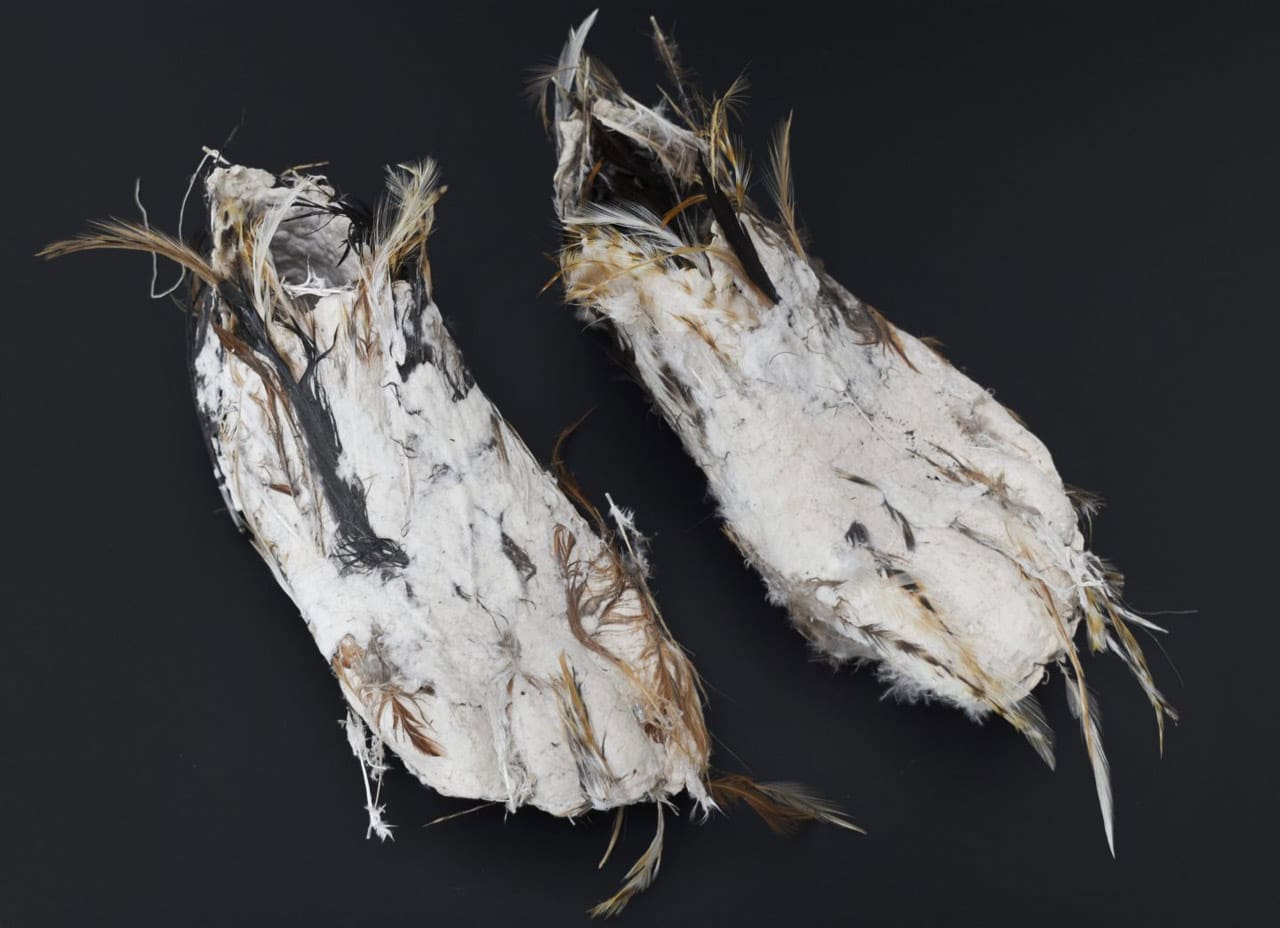 Carlos Villa, Artist's Feet, 1979–1980. Paper pulp and feathers, two pieces; each approx. 5 x 15 x 7 in. (12.7 x 38.1 x 17.78 cm.) Lent from a private collection.