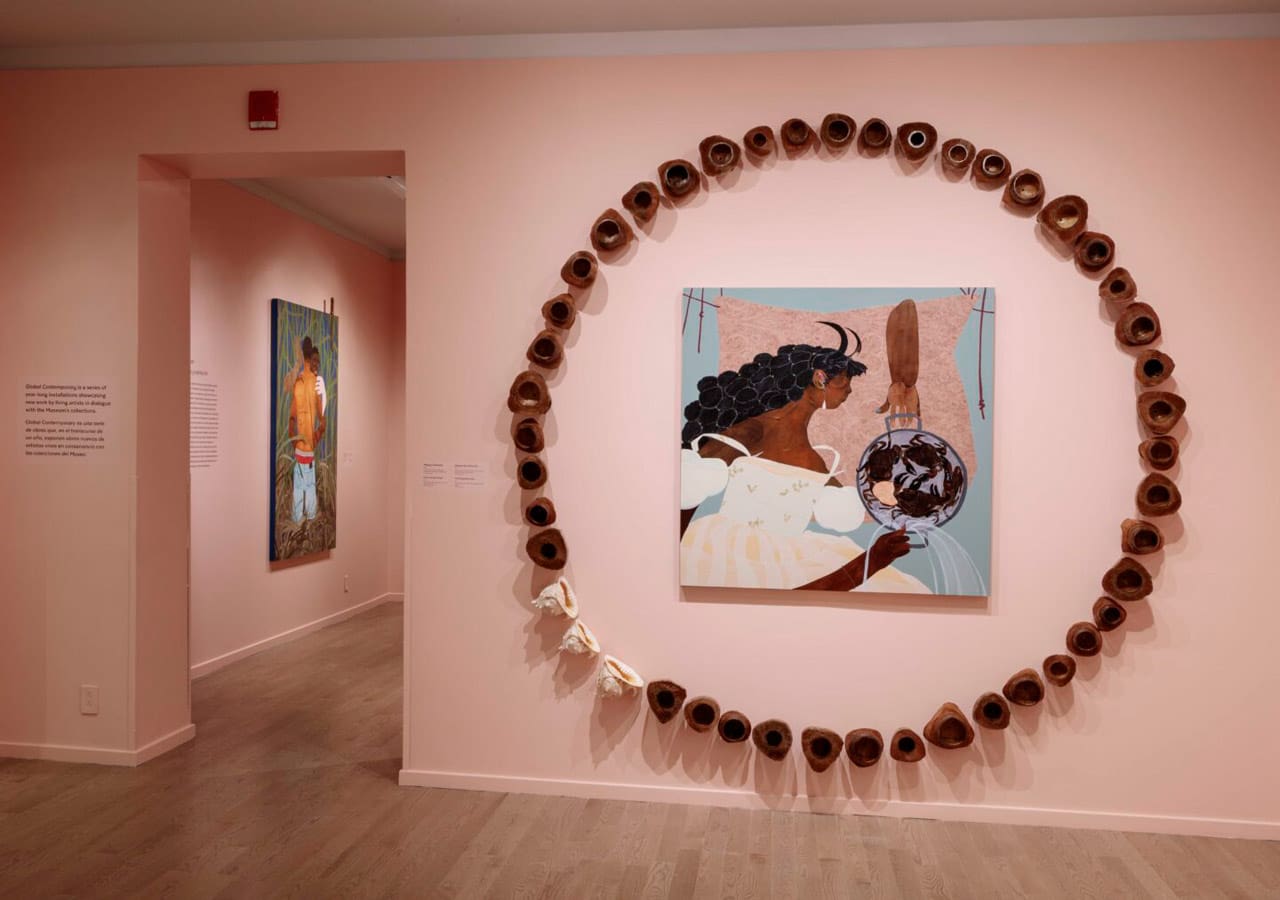 Installation view, Bony Ramirez, Allegory of Liberation, 2024. Acrylic, soft oil pastel, color pencil, wallpaper, Bristol paper on wood panel, 48 x 48 in. Courtesy of the artist © Bony Ramirez. Photo by Richard Goodbody