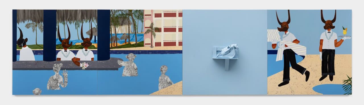 Bony Ramirez, Caribe Express/Caribe Tours, 2024. Acrylic, soft oil pastel, color pencil, wallpaper, plywood, painted horse skull, screws, Bristol paper on wood panel, 80 x 320 in. (203.2 x 812.8 cm) Courtesy of the artist. ©Bony Ramirez. Photo by Daniel Greer