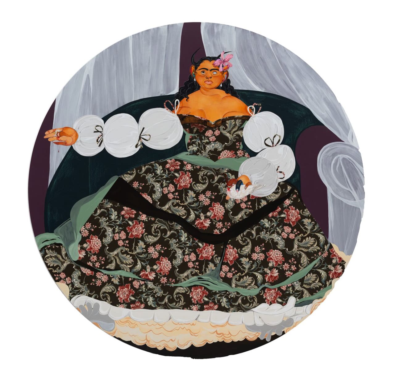 Bony Ramirez, Cattleya, 2024. Acrylic, soft oil pastel, color pencil, wallpaper, Bristol paper on wood panel, 96 in. (243.84 cm) Courtesy of the artist. ©Bony Ramirez. Photo by Daniel Greer
