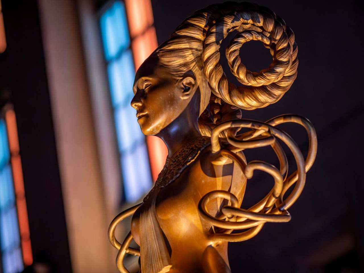 Shahzia Sikander, NOW statue at night close up Newark Museum of Art outside Ballantine House