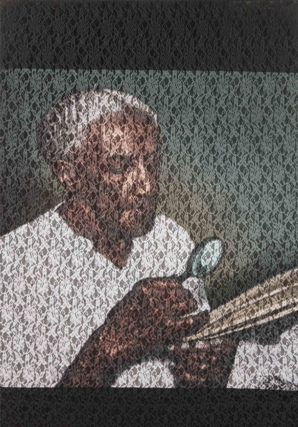 Noelle Lorraine Williams, Ellen King, 2023. Archival photo, lace and other materials, 70 x 36 in. (177.8 x 91.4 cm) © Noelle Lorraine Williams