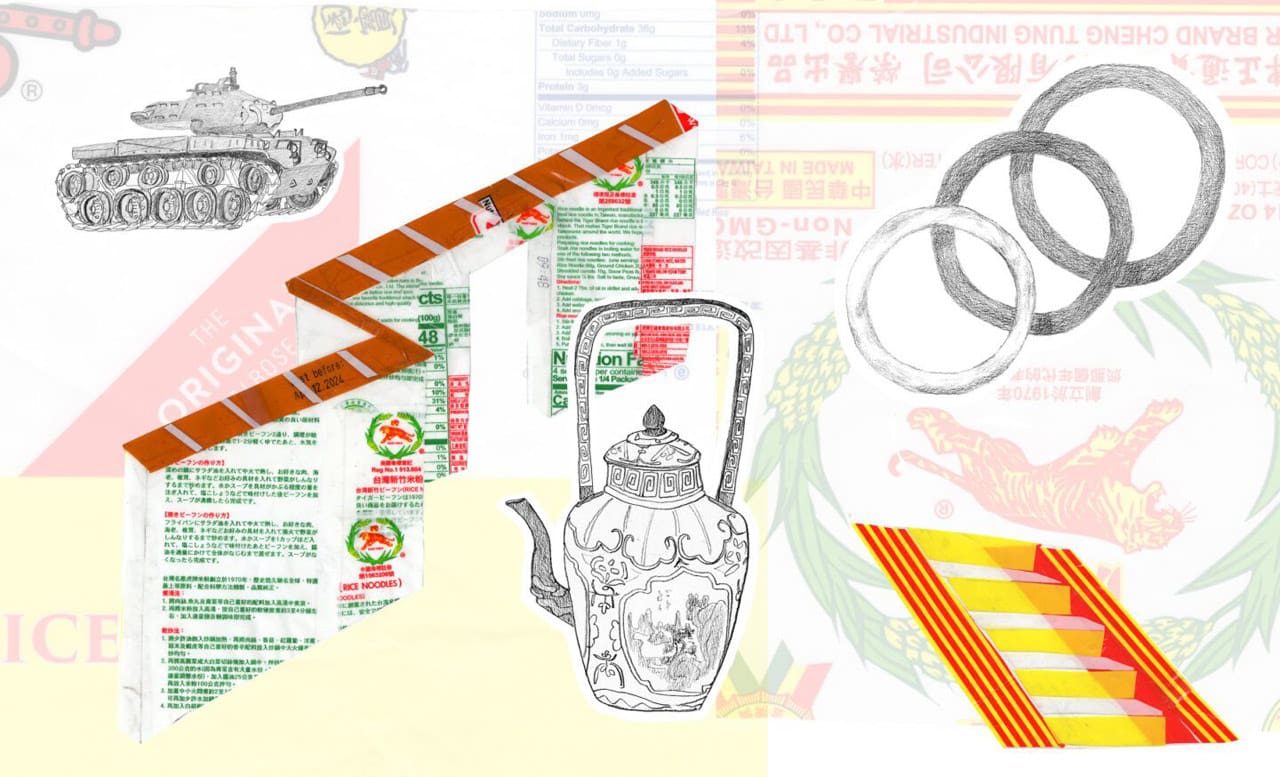 Naomi Kuo, History Fragments Scroll, 2024. Post-consumer plastic, tape, metal rods, string. Courtesy of the artist