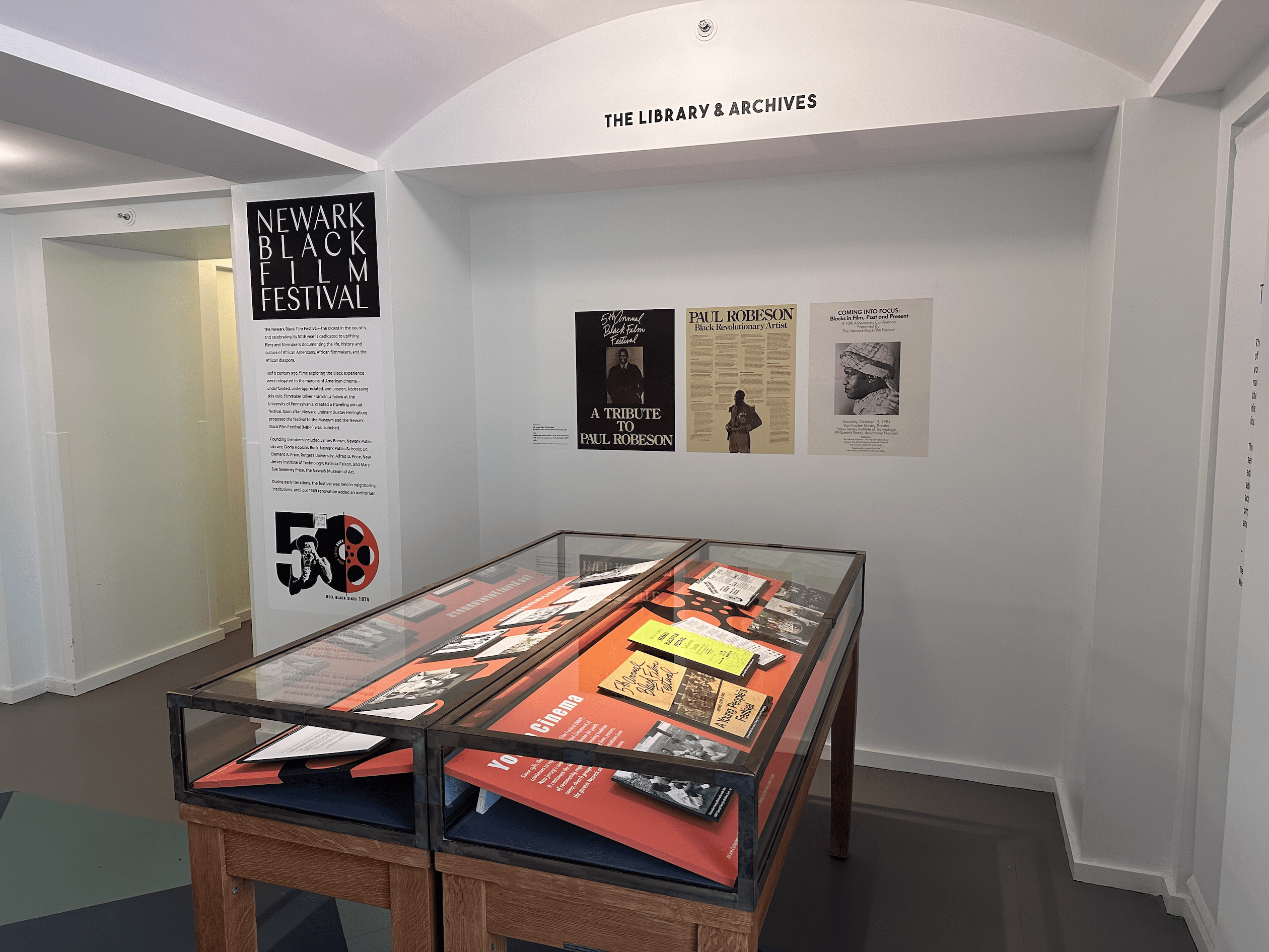 Auditorium Lobby 50 Years Newark Black Film Festival Newark Museum of Art display case