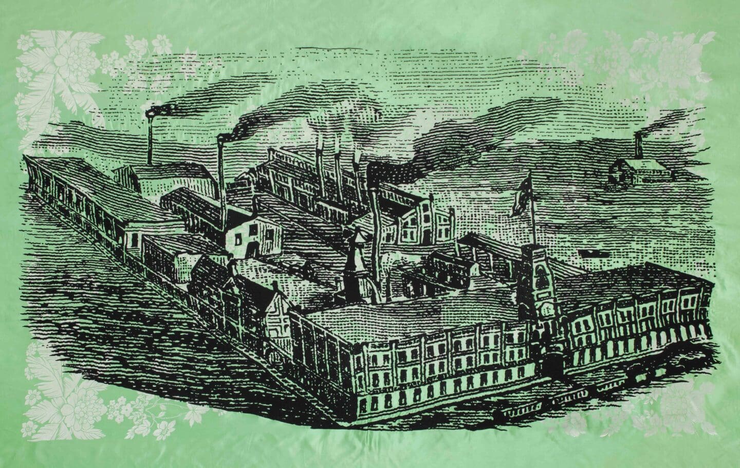 green textile with black embroidery of factory and smoke